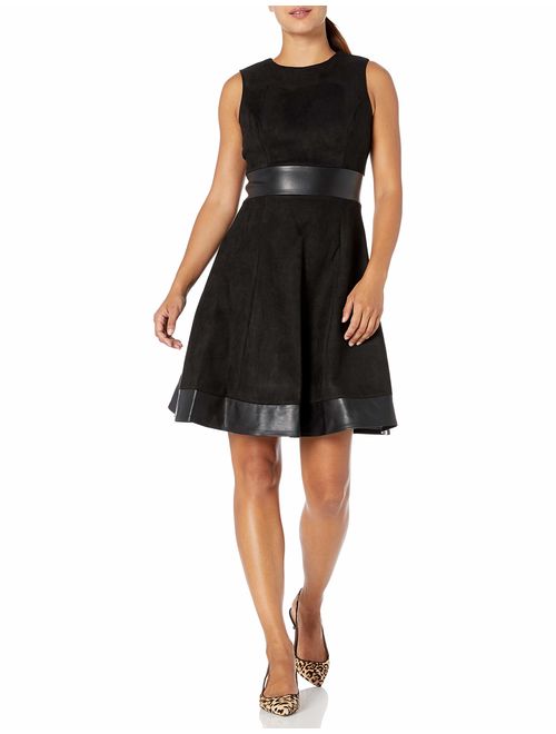 Calvin Klein Women's Petite Round Neck Fit and Flare Dress with Faux Leather Trim