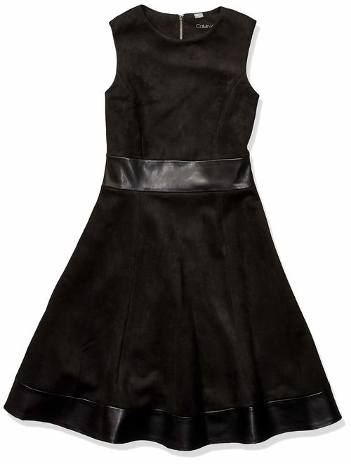 Calvin Klein Women's Petite Round Neck Fit and Flare Dress with Faux Leather Trim