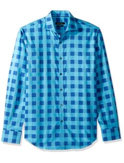 Men's Tappered Turquoise Plaid Spread Collar Long Sleeve Shirt