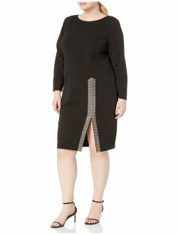 Women's Plus Size Long Sleeve Sheath with Embellished Slit Dress