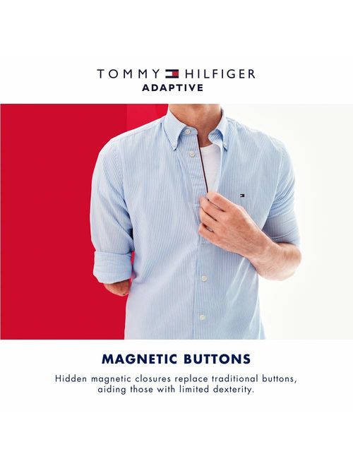 Tommy Hilfiger Men's Adaptive Magnetic Short Sleeve Button Shirt Custom Fit, Multi 1, XL