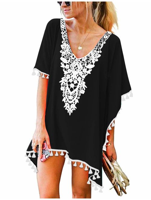 CPOKRTWSO Women's Crochet Chiffon Tassel Swimsuit Beach Bikini Cover Ups for Swimwear