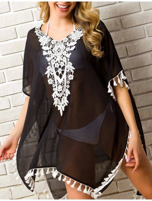 CPOKRTWSO Women's Crochet Chiffon Tassel Swimsuit Beach Bikini Cover Ups for Swimwear