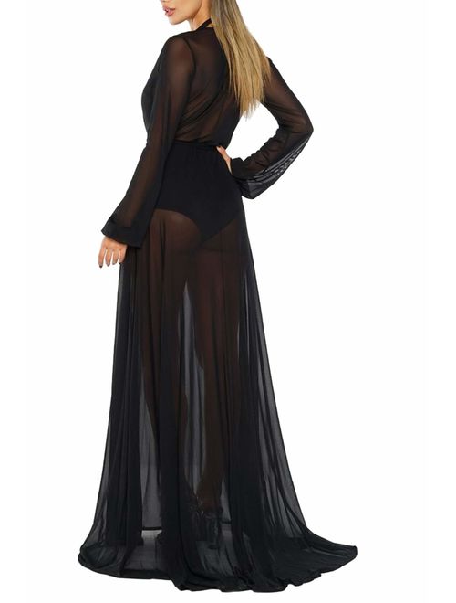 Women's Sexy Thin Mesh Long Sleeve Tie Front Swimsuit Swim Beach Maxi Cover Up Dress