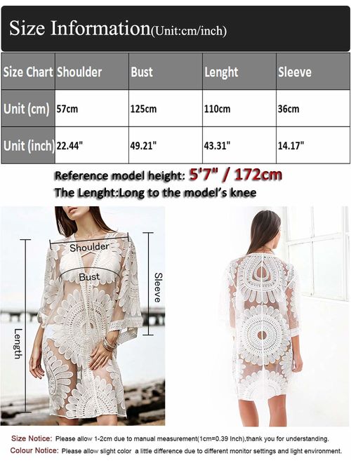 shermie Women's Floral Crochet Lace Beach Swimsuit Cover Ups Long Vintage Kimono Cardigan Dress