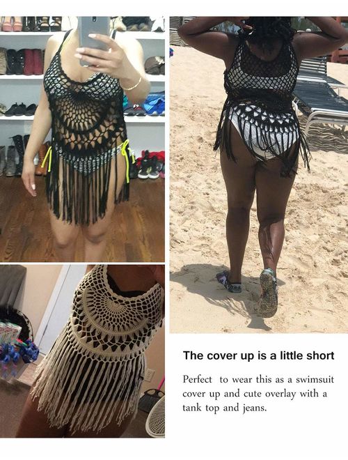 shermie Women's Handmade Crochet Swimsuit Cover UPS Short Halter Beach Dresses with Tassels