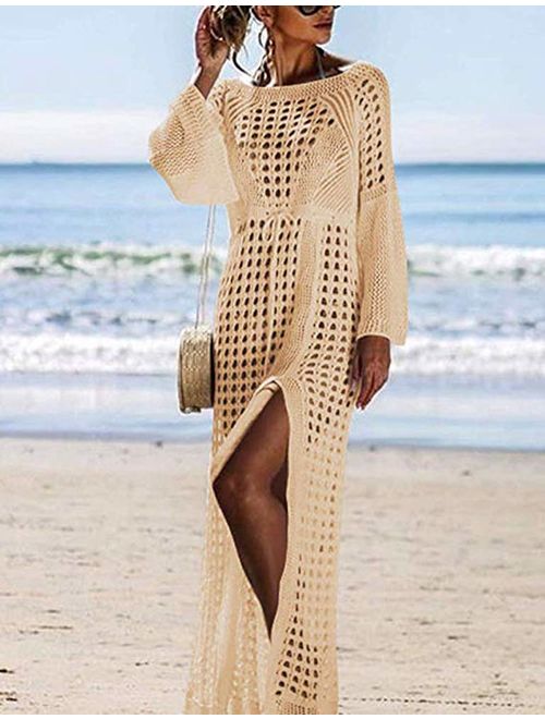 WAWJIR Women Flare Sleeve Sexy Elegant Crochet Hollow Beach Dress Swimwear Bikini Cover Up