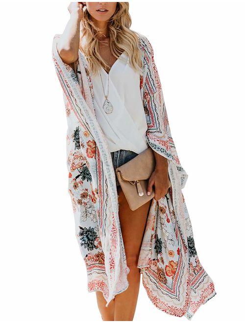 Women's Fall Long Kimono Flowy Cardigan Boho Chiffon Floral Beach Cover Up Tops