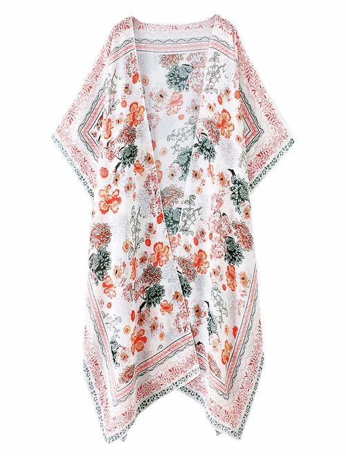 Women's Fall Long Kimono Flowy Cardigan Boho Chiffon Floral Beach Cover Up Tops