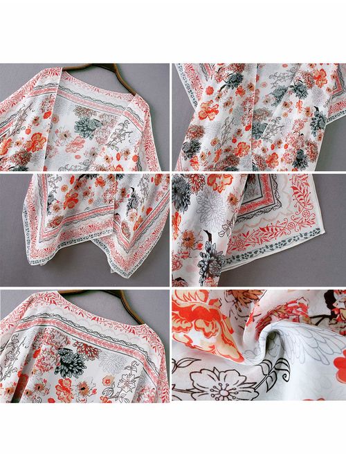 Women's Fall Long Kimono Flowy Cardigan Boho Chiffon Floral Beach Cover Up Tops