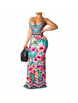 Women's Halter Neck Floral Print Backless Split Beach Party Maxi Dress
