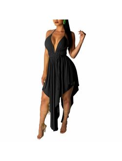 IyMoo Women's Halter Neck Spagehtti Strap Backless Bandage Printed High Low Beach Party Maxi Dress
