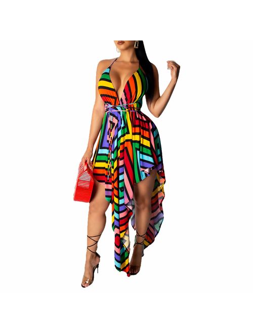 IyMoo Women's Halter Neck Spagehtti Strap Backless Bandage Printed High Low Beach Party Maxi Dress