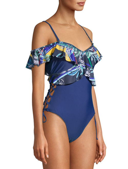 XOXO Womens Ruffle One-Shoulder One-Piece Swimsuit