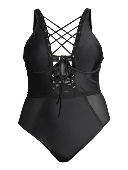 XOXO Womens Plus Size Lace-Up One-Piece Swimsuit