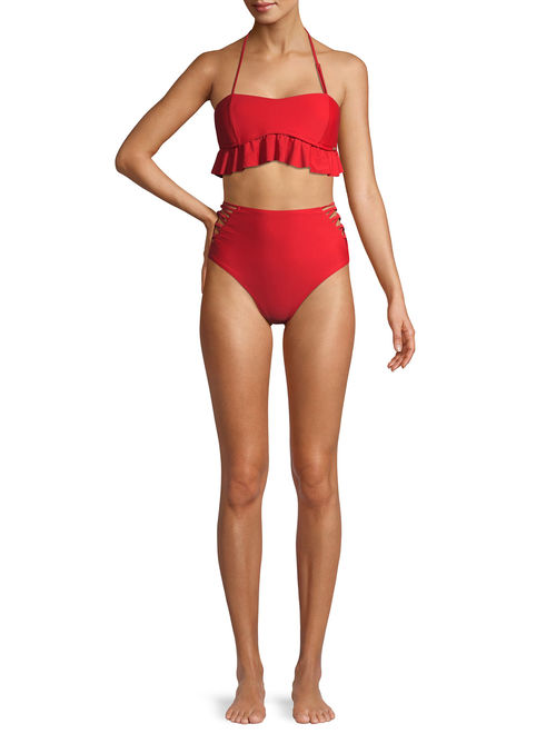 XOXO Ruffled Peplum Bandeau Bikini Top With Strappy Side Hi- Waist Bikini Bottom