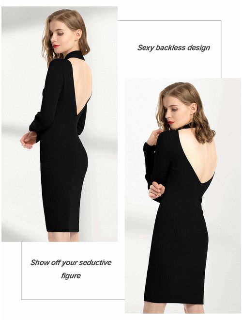 MessBebe Women's Sexy Bodycon Party Backless Dress Midi Sweater Dress Long Sleeve Casual Night Out Club Pencil Dress