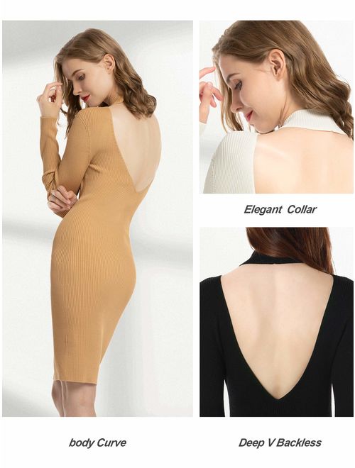 MessBebe Women's Sexy Bodycon Party Backless Dress Midi Sweater Dress Long Sleeve Casual Night Out Club Pencil Dress