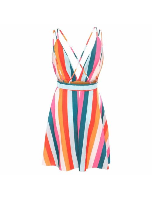 Milky Way Womens Sexy Backless Beach Dress Deep V Neck Spaghetti Strap Dress Girls Summer Colorful Striped Dresses