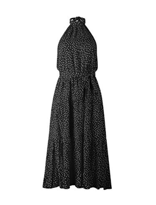 MsLure Women's Casual Halter Neck Sleeveless Floral Maxi Dress Backless Ruffle Beach Long Dress with Belt