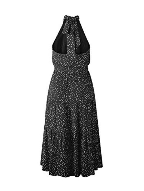 MsLure Women's Casual Halter Neck Sleeveless Floral Maxi Dress Backless Ruffle Beach Long Dress with Belt