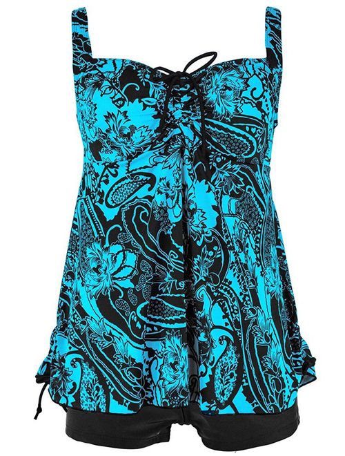 Plus Size Floral and Paisley Print Tie Back Fashion Swimsuit Tankini Set
