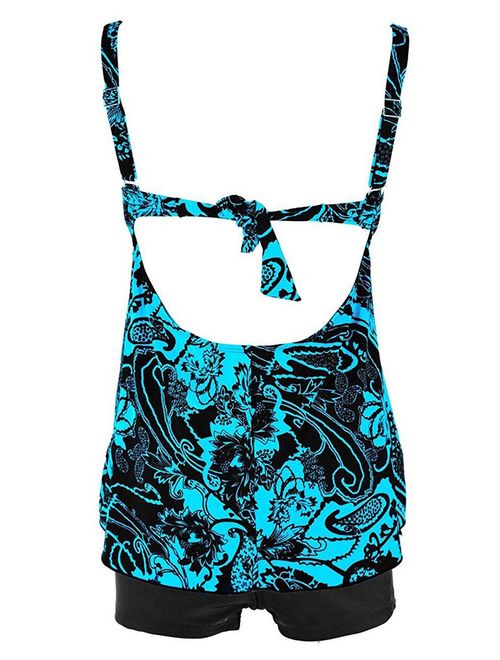 Plus Size Floral and Paisley Print Tie Back Fashion Swimsuit Tankini Set