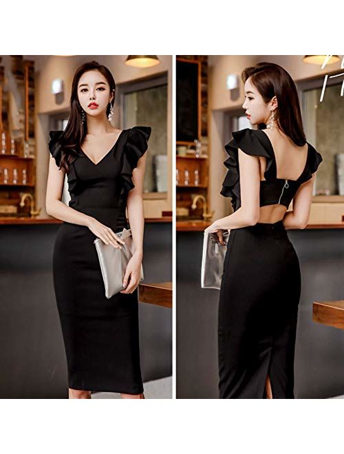 Evening Cocktail Prom Backless Sleeveless Dress Fishtail Midi Dress Fitted Slim Dress in Black and Red