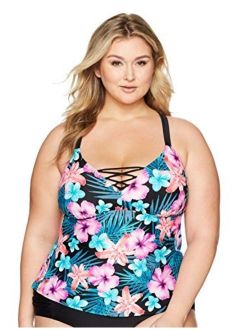 Amazon Brand - Coastal Blue Women's Plus Size Swimwear Lace up Front Tankini Top
