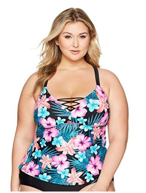Amazon Brand - Coastal Blue Women's Plus Size Swimwear Lace up Front Tankini Top
