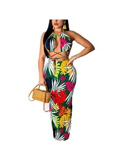 IyMoo Modest Dresses for Women Boho Floral Halter Sexy Backless Summer Beach Maxi Dress Casual Vacation Sun Dresses