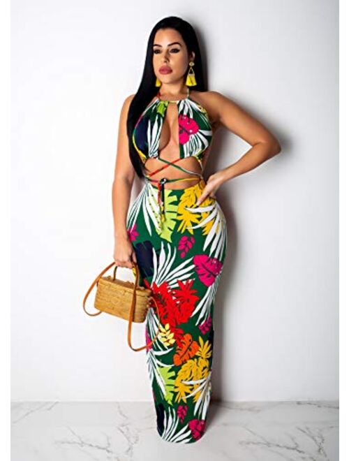 IyMoo Modest Dresses for Women Boho Floral Halter Sexy Backless Summer Beach Maxi Dress Casual Vacation Sun Dresses