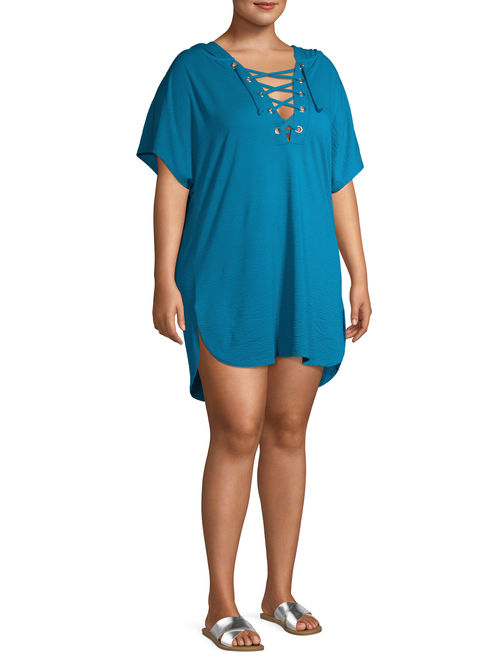 Time and Tru Women's Plus Size Hooded Dolman Swim Coverup