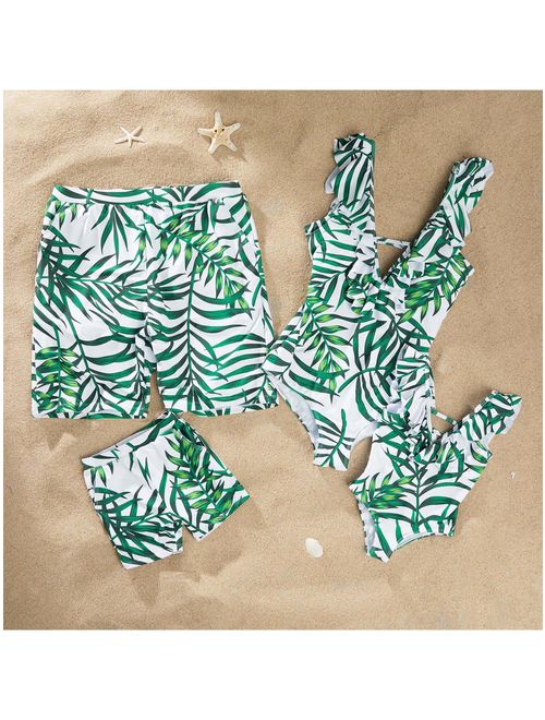 PatPat Green Leaf Family Matching Swimsuits Women Men Boy Girl Beach Swimwear