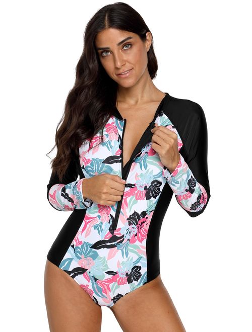Women Long Sleeve Rashguard One Piece Swimsuit UV Protection Block Surfing Swimwear Bathing Suit CapsA 