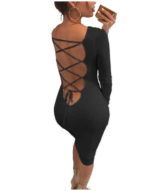 Haola Women's Long Sleeve Bodycon Dress Evening Party Dresses Backless Clubwear S Black