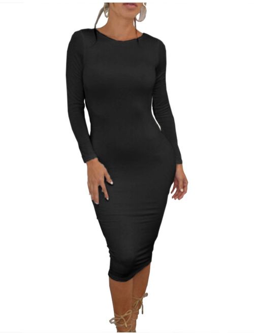 Haola Women's Long Sleeve Bodycon Dress Evening Party Dresses Backless Clubwear S Black