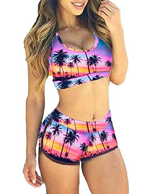 LELINTA Tree Print Tank Sports Bikini Set Boyshort Padded Swimsuit Bathing Suits for Women