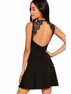 Women's Sleeveless Lace Applique Cocktail Backless Party Flare Mini Dress