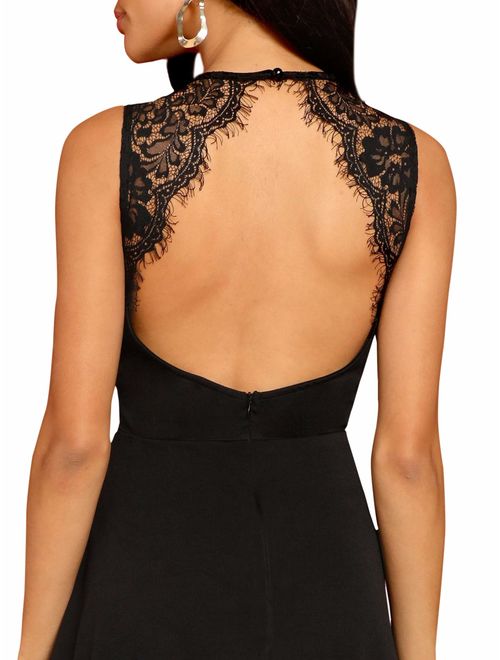 SheIn Women's Sleeveless Lace Applique Cocktail Backless Party Flare Mini Dress