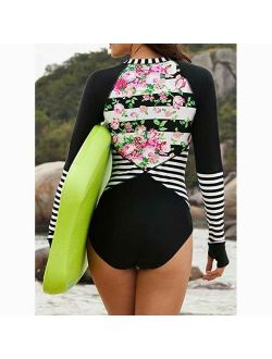 Women Long Sleeve Floral Printed Zip Front One Piece Swimsuit Surfing Swimwear Bathing Suit - S