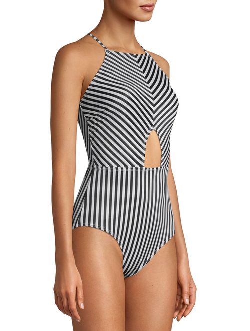 Juicy Couture Womens One-Piece High Neck Swimsuit With Center Cutout