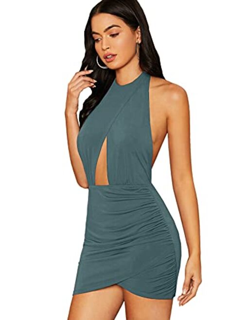 SheIn Women's Sexy Halter Ruched Bodycon Backless Wrap Party Cocktail Mini Dress