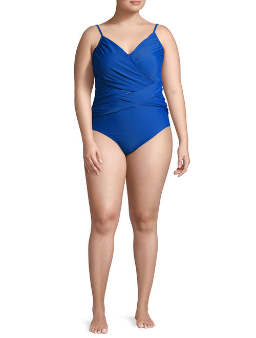 SIMPLY FIT WOMENS 1 PC PLUS SIZE SWIMSUIT WITH CRISS CROSS SHIRRING