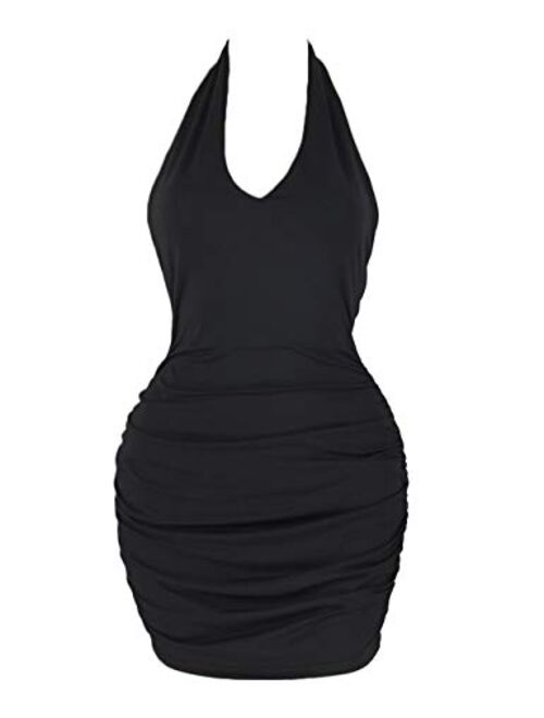 Navvour Women's Halter Sleeveless Backless Mini Dress Ruched Bondycon Party Club Dress
