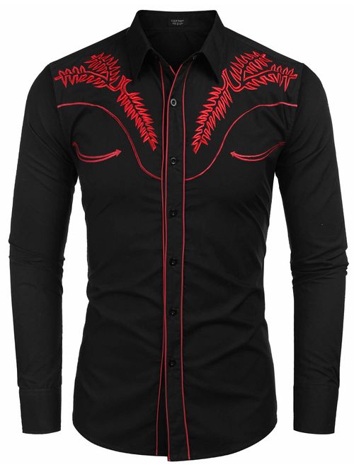 COOFANDY Men's Western Shirts Long Sleeve Slim Fit Embroideres Cowboy Casual Button Down Shirt