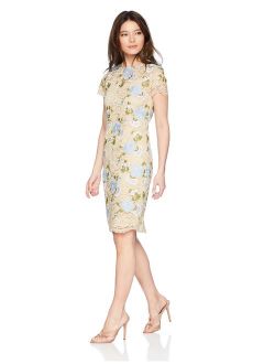 Women's Petite Floral Lace Sheath with Short Sleeves Dress