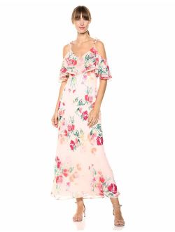 Women's Cold Shoulder V-Neck Chiffon Maxi Dress
