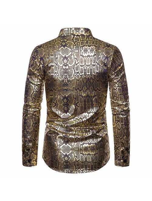 Mens Long Sleeve Top Blouse Leopard Python Pirnt Casual Button Down Dress Shirt