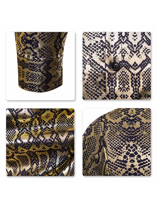 Mens Long Sleeve Top Blouse Leopard Python Pirnt Casual Button Down Dress Shirt